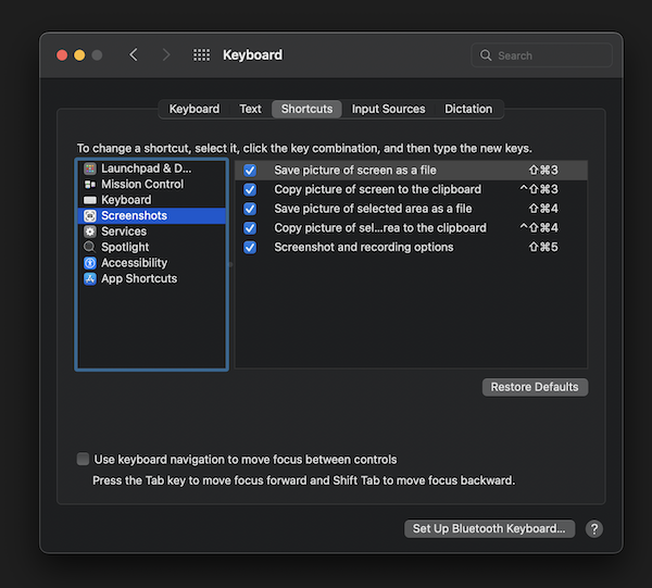 Keyboard Screenshot Shortcuts settings