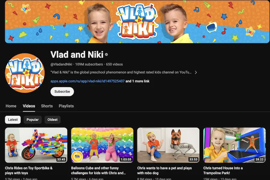 Vlad and Niki Youtube Channel